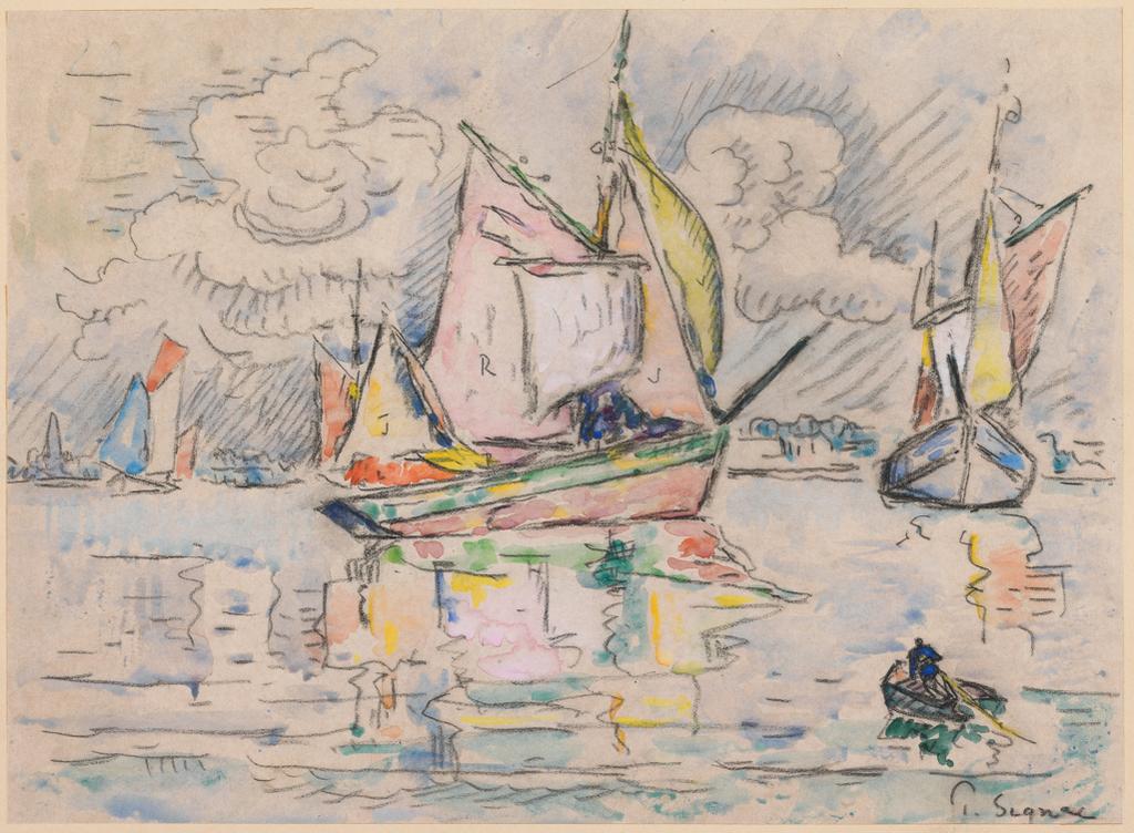 An image of Fishing Boats. Signac, Paul (1863-1935). Charcoal, watercolour, traces of gouache, on paper, height 202mm, width 278mm.