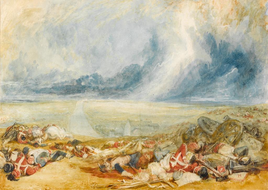 An image of The Field of Waterloo. Turner, Joseph Mallord William (British, 1775-1851). Watercolour over graphite with scratching out on paper, height 288 mm, width 405 mm, c.1817.
