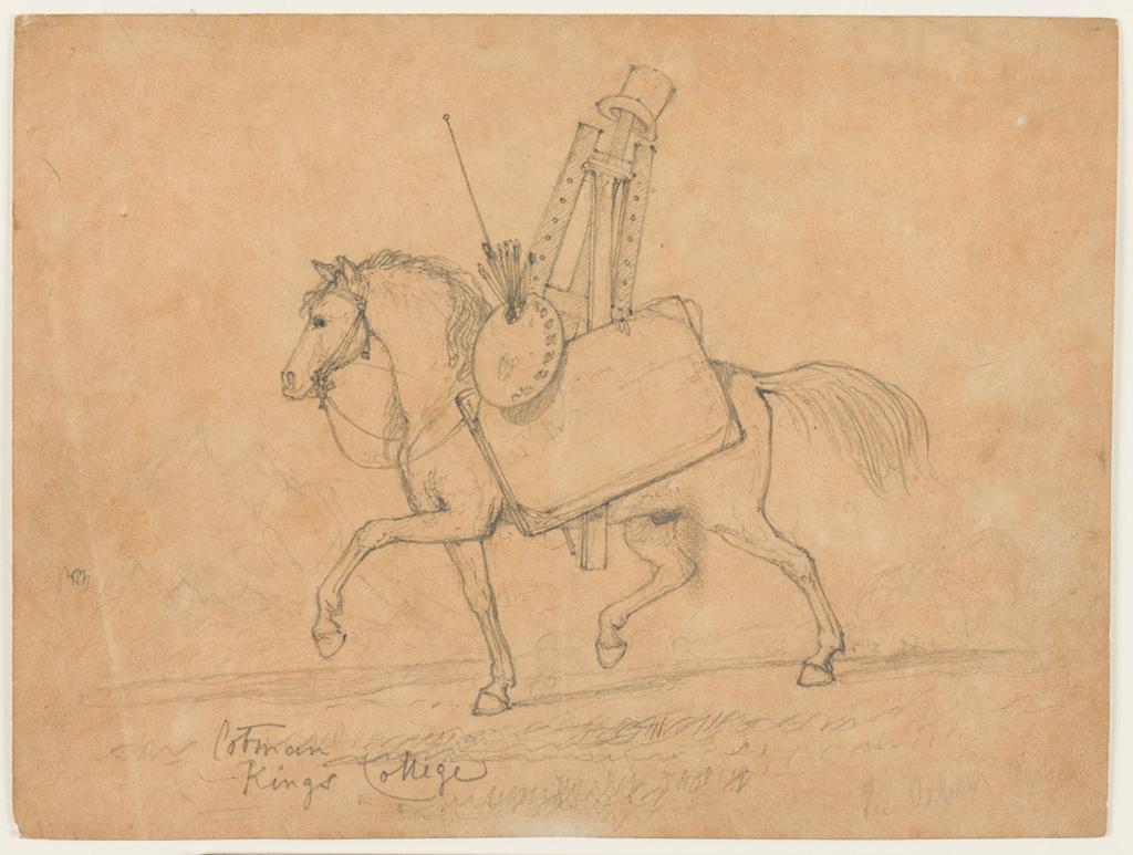 An image of Horse with easel and palette on his back (The Travelling Artist). Cotman, John Sell (British, 1782-1842). Graphite on pale brown paper, pricked through for copying, height 239 mm, width 304 mm.