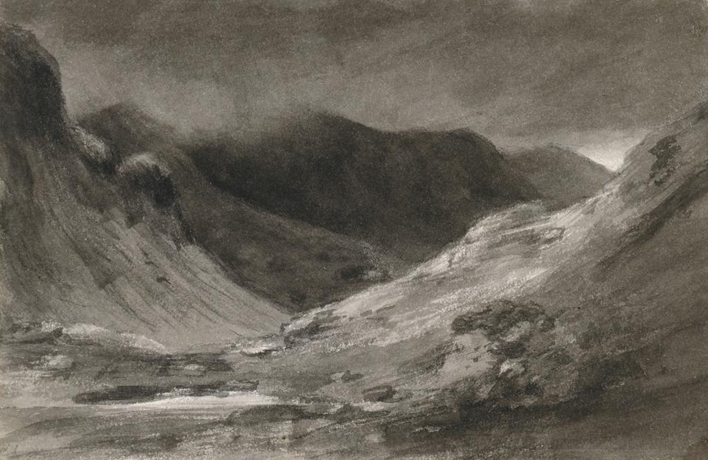 An image of Recto: The Vale of Newlands: very stormy afternoon. Verso: Slight sketch of a view in the Lakes and another sketch in a circular format. Constable, John (British, 1776-1837). Recto: grey wash and graphite on paper (recto), height 155 mm, width 239 mm, 1806.