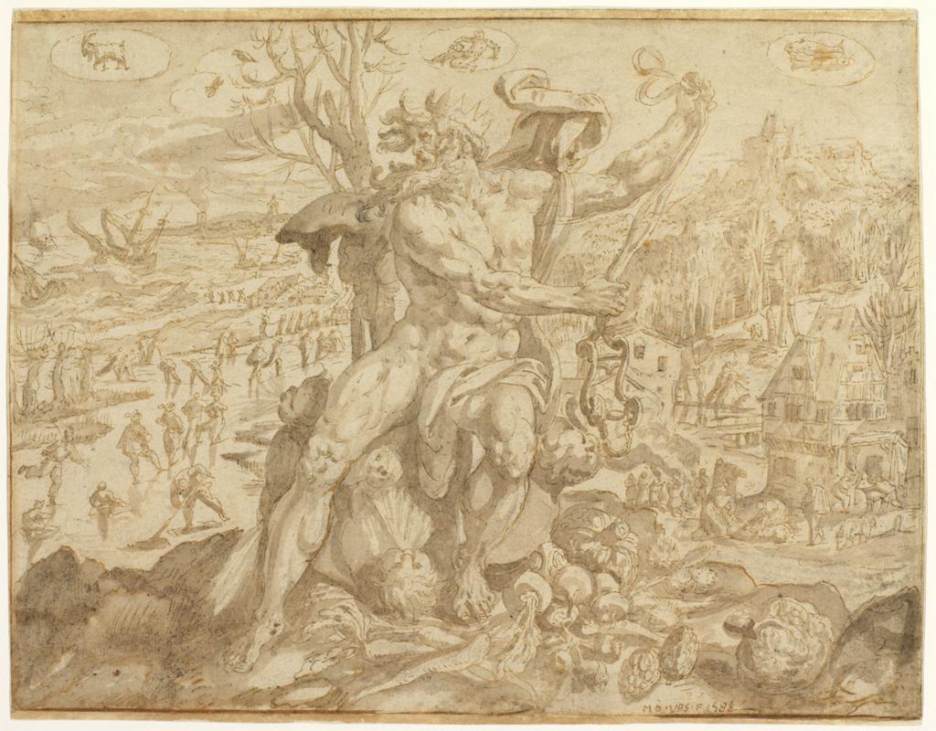 An image of Winter - Aeolus. Vos, Maarten de (Flemish, 1532-1603). Pen, light-brown ink and wash, heightened with white, on paper, height 203 mm, width 264 mm, 1588. Production Note: see no. 3708; one of a series of four representing the seasons.