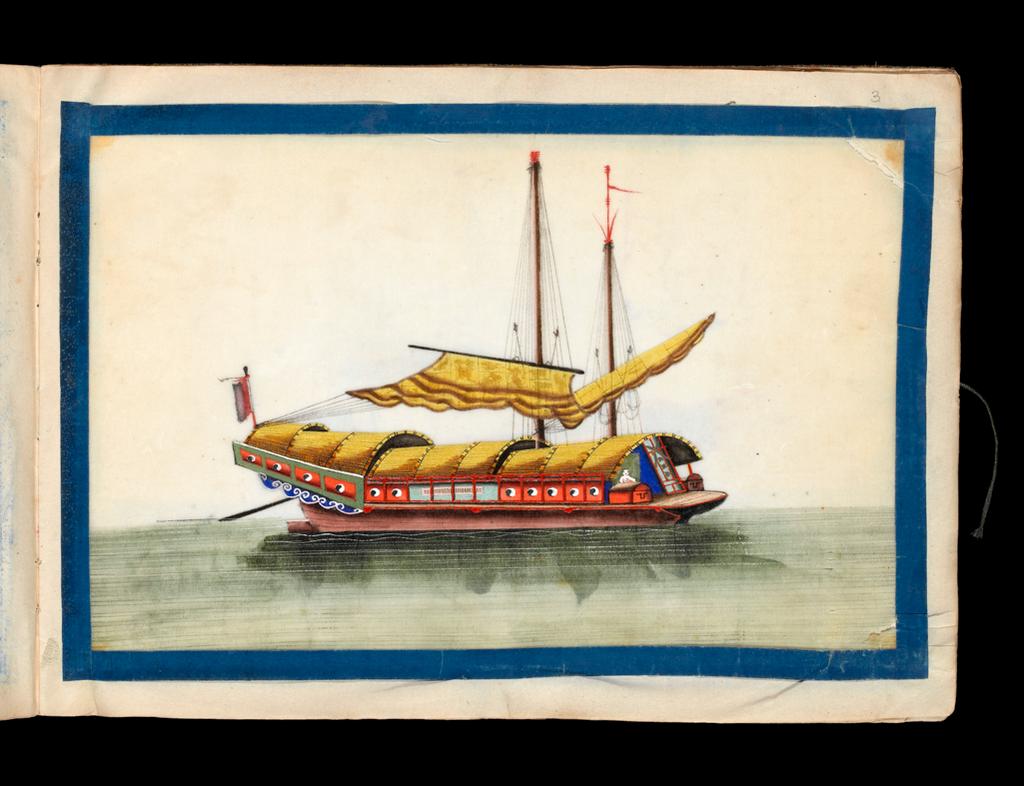 An image of Chinese boats. River boat with sails down. Album containing 12 watercolours on pith paper. Production Place: Guangzhou, historically known as Canton. Watercolour, bodycolour and ink with heightening in white on pith paper, height 250 mm, width 337 mm, 19th Century. Chinese.