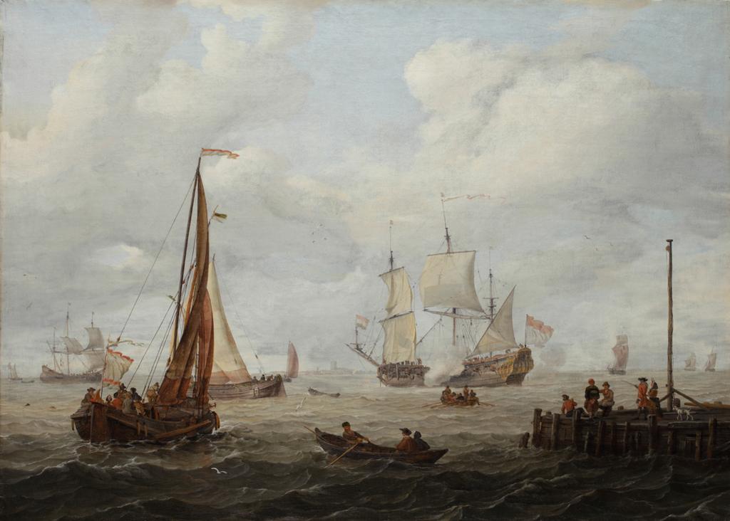 An image of Sea-piece with a Dutch man-of-war. Storck, Abraham (Dutch, 1644-1708). Oil on canvas, height, canvas, 77.8 cm, width, canvas, 109.2 cm, 17th Century.