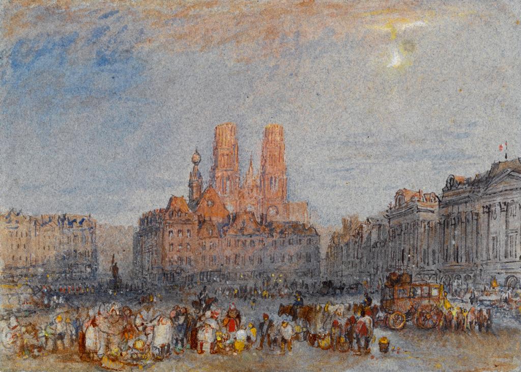 An image of Orléans, Twilight. Turner, Joseph Mallord William (British, 1775-1851). Watercolour and bodycolour with pen, red and grey ink on blue paper, height 140 mm, width 195 mm, 1826-1831.