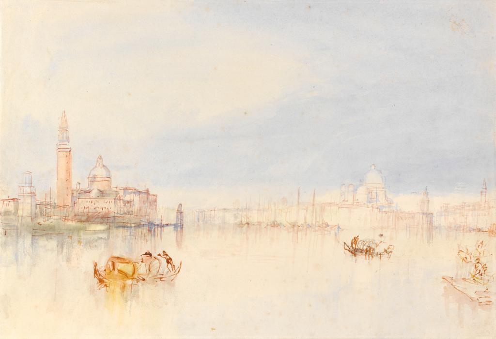 An image of Venice, Calm at Sunrise. Turner, Joseph Mallord William (British, 1775-1851). Watercolour over black chalk with pen and red ink on paper, height 222 mm, width 325 mm, 1840.