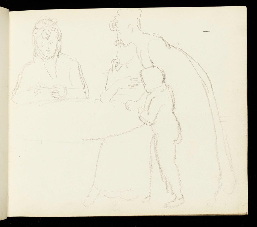 An image of Sketch of family group of young man, girl, woman and child around a table. Flaxman, John (British, 1755-1826). Volume of Graphite Portraits. Sketchbook with marbled end boards and brown leather spine. Graphite on paper, height (leaf) 178 mm, width 210 mm; height (cover board) 184 mm, width 218 mm, 1801.