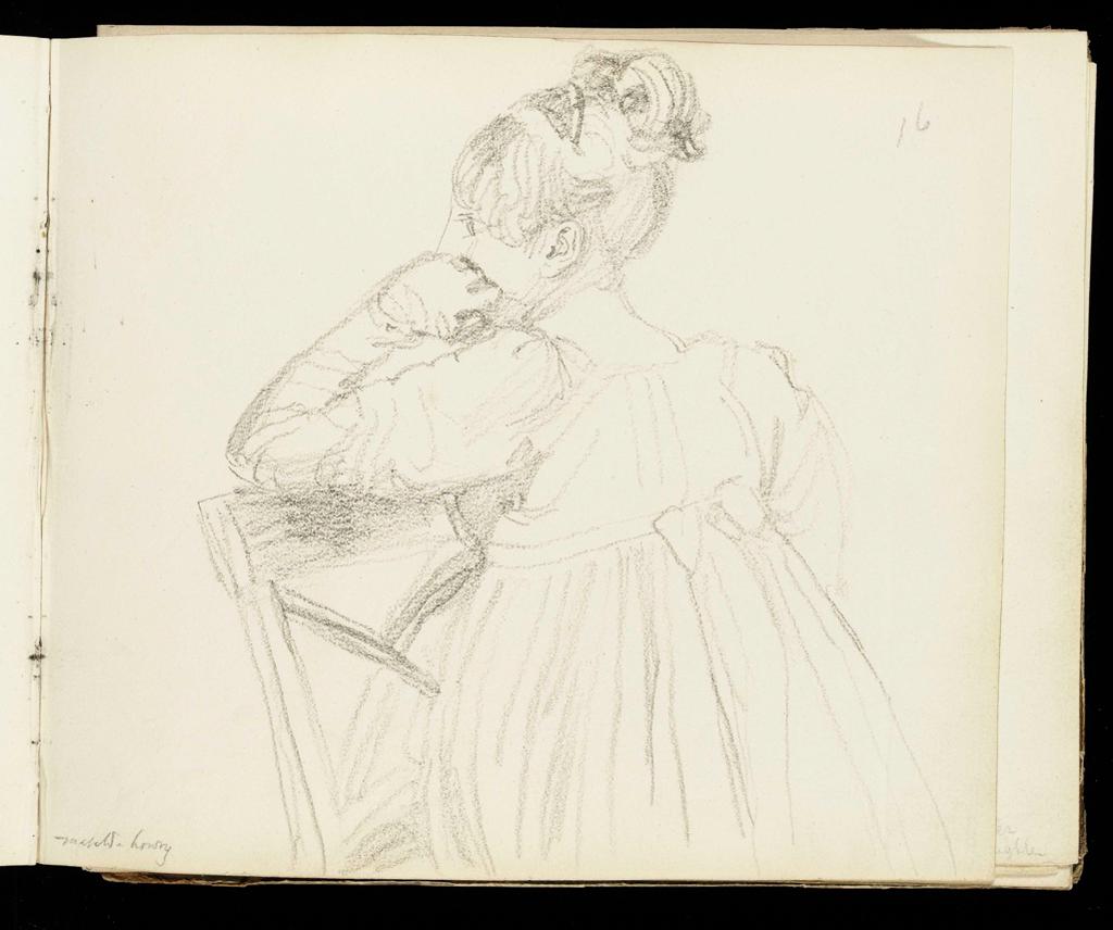 An image of Study of seated girl in profile to left with head resting on left arm. Flaxman, John (British, 1755-1826). Volume of Graphite Portraits. Sketchbook with marbled end boards and brown leather spine. Graphite on paper, height (leaf) 178 mm, width 210 mm; height (cover board) 184 mm, width 218 mm, 1801.
