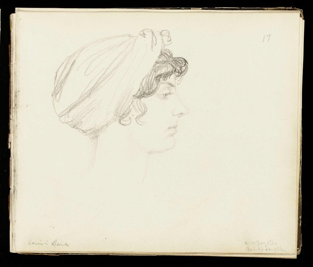 An image of Head of a Woman in Profile to Right, Wearing a Turban.  Flaxman, John (British, 1755-1826). Volume of Graphite Portraits. Sketchbook with marbled end boards and brown leather spine. Graphite on paper, height (leaf) 178 mm, width 210 mm; height (cover board) 184 mm, width 218 mm, 1801.