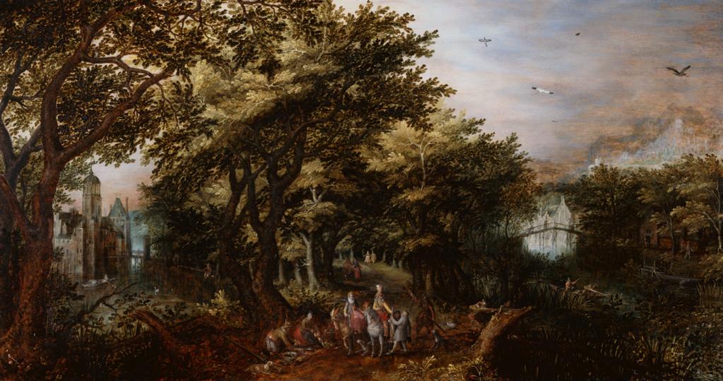 An image of Wooded landscape. Vinckeboons, David (Dutch, 1576-1632). Oil on panel, height, 56 cm, width 105 cm, circa 1603-1605.