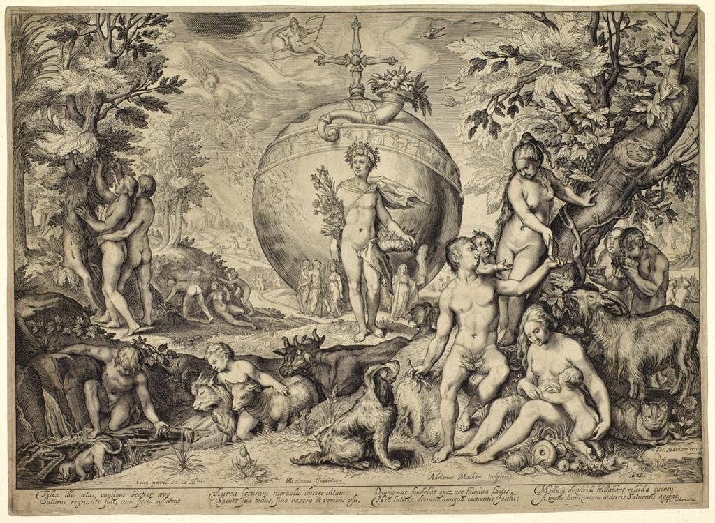 An image of Allegory on the Golden Age and the Fall of Man. Matham, Adriaen (Dutch, c.1599-1660). Matham, Jacob, publisher (Dutch, 1571-1631). Goltzius, Hendrik, after (Dutch, 1558-1617). Engraving, 1620. Production Note: Published posthumously after Goltzius's death. Alternative Numbers: Bartsch; 1. Hollstein (Dutch/Flemish); 162 (after Goltzius). Hollstein (Dutch/Flemish); 1 (Matham). New Hollstein (Dutch/Flemish); 457 i/ii (Matham). New Hollstein (Dutch/Flemish); 528 i/iii (after Goltzius).
