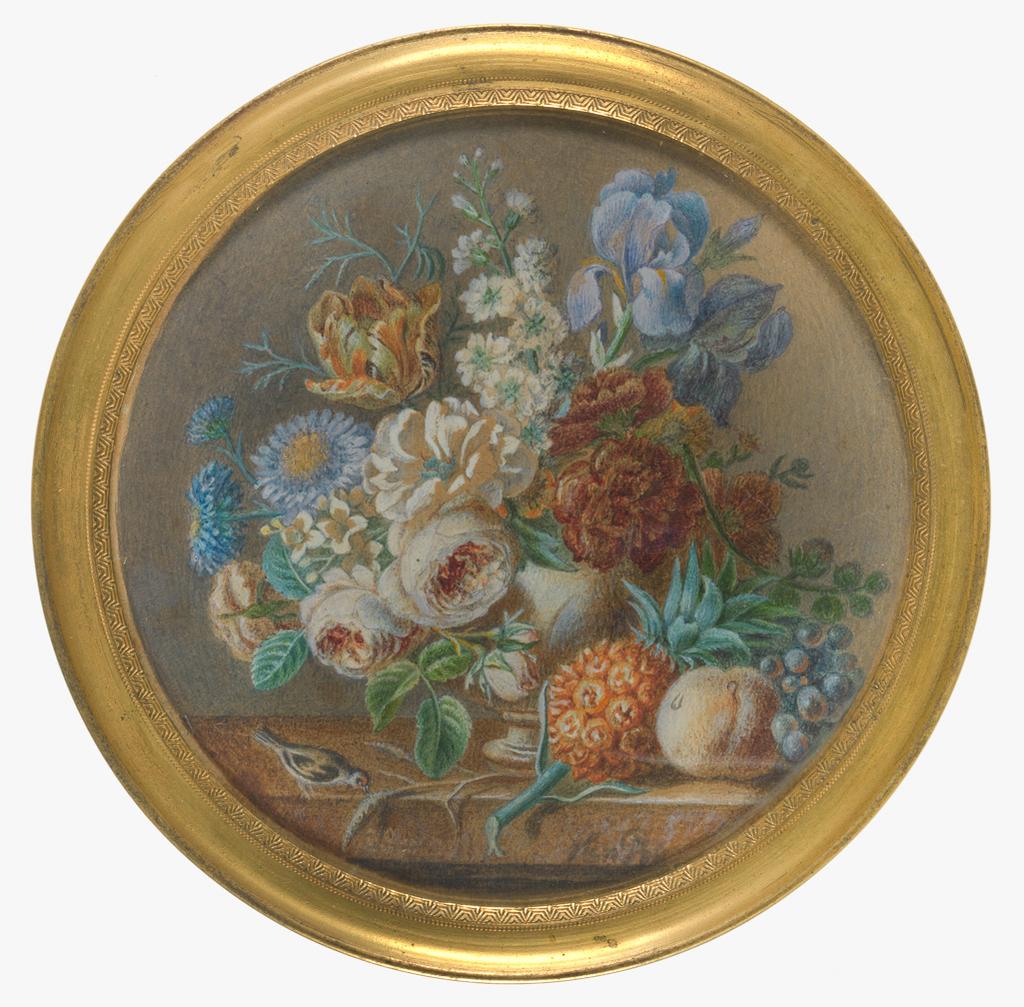 An image of Miniature (painting). A vase of roses, iris, hyacinth, tulip and other flowers on a marble slab with a pineapple, peach, grapes & a bird. Pol, Christiaen van (Dutch, 1752-1813). Watercolour and white highlights, diameter, sight size, 76 mm. Acquisition: bequeathed 1973; Fairhaven, Henry Rogers Broughton.