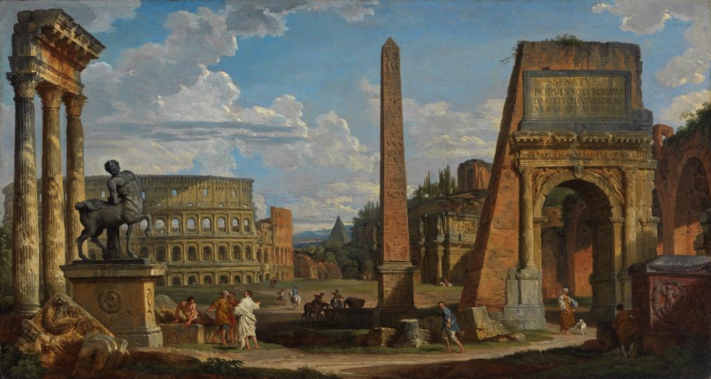 An image of A Capriccio View of Roman Ruins. Pannini, Giovanni Paolo (Italian, 1691/2-1765). Oil on canvas, height 36.8 cm, width 69.2 cm, 1737.