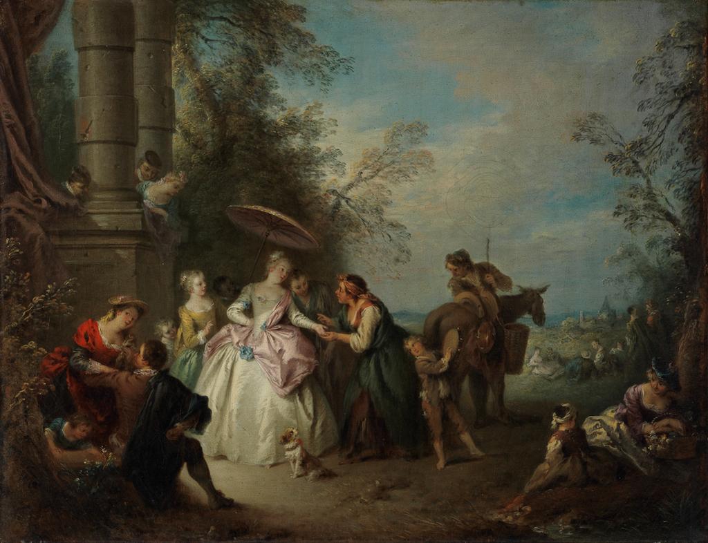 An image of La Bonne Aventure. (The Fortune Teller). Jean-Baptiste Joseph Pater (French, 1695-1736). Oil on canvas, height 34 cm, width 45.5 cm.