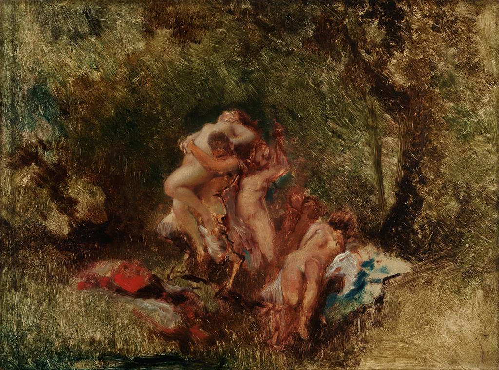 An image of Nymphs et Satyres. Diaz de la Peña, Narcisse Virgile (French, 1807-1876). Oil on panel, height, panel (wood), 30.2 cm, width, panel (wood), 40.6 cm.