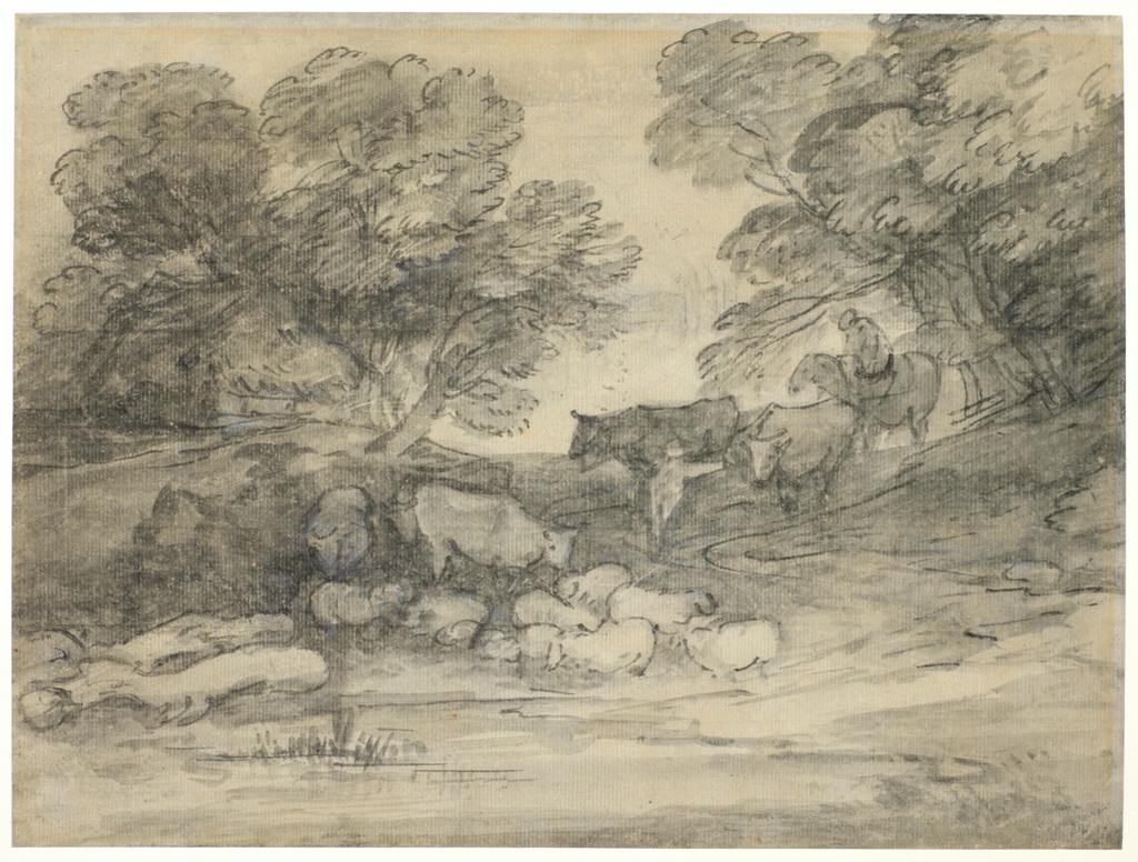 An image of Wooded landscape with herdsmen on horseback and cows, shepherd and sheep and cottage. Gainsborough, Thomas (British, 1727-1788). Pen and grey ink with grey and grey-black wash, heightened with white, height, image, 260 mm, width, 347 mm, 1780-1785.