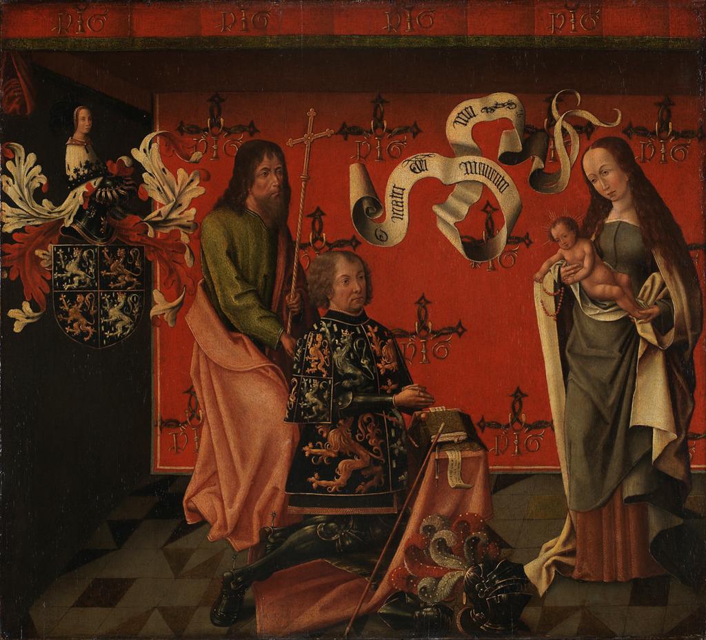 An image of The Chevalier Philip Hinckaert, St. Philip the Apostle, before the Virgin and Child. Brabant School. Part of a diptych. Oil on panel, height 66.2, width 73 cm approx, 1494-1505.
