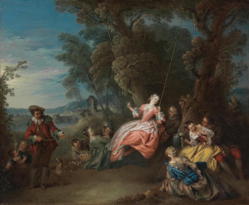 An image of La Balançoire (The Swing). Pater, Jean-Baptiste Joseph (French, 1695-1736). Oil on canvas, height 46.3 cm, width 56.5 cm. Acquisition Credit: From the Perceval Fund with contributions from the National Art Collections Fund and the Victoria and Albert Museum, Grant-in-Aid.