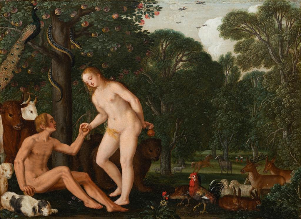 An image of Adam and Eve in Paradise. König, Johann (German, 1586-1642). Oil on copper, height 17.0 cm, width 23.3 cm, circa 1629.