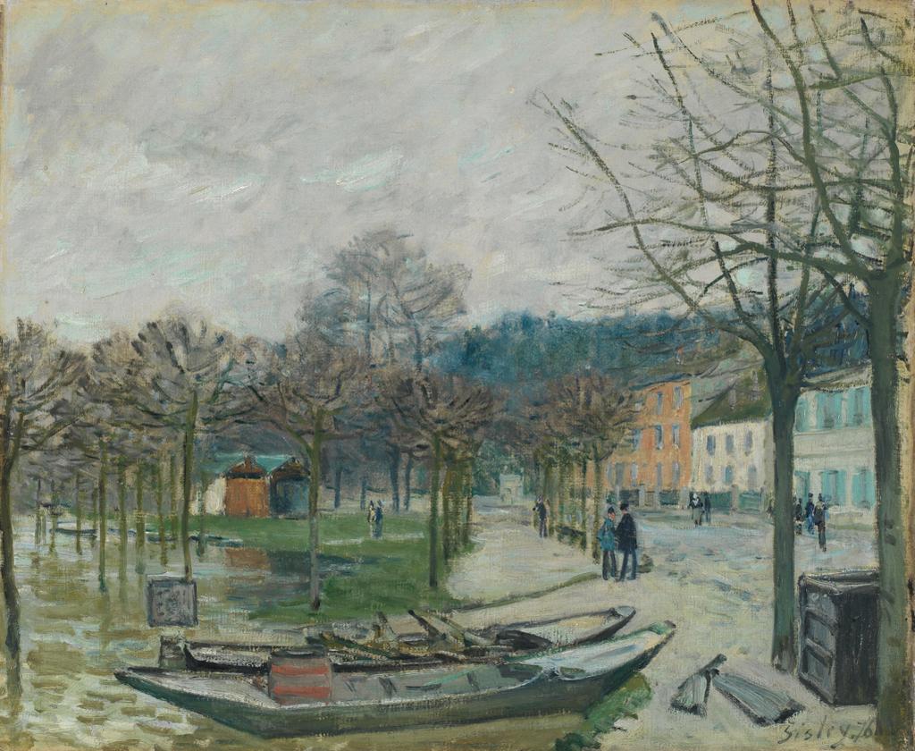 An image of The Flood at Port Marly. Sisley, Alfred (French, 1839-1899). Oil on canvas, height 46.1 cm, width 55.9 cm, 1876.