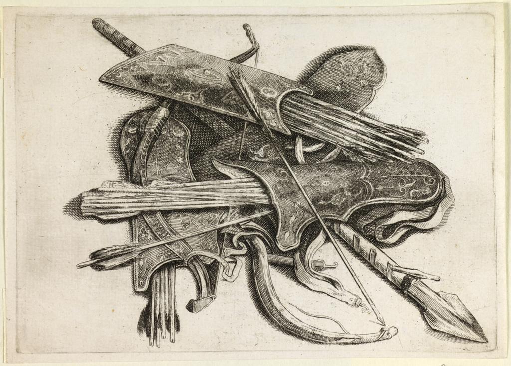 An image of Bows, quivers and a spear. Hounds, hunting equipment and game. Hollar, Wenceslaus (Czech, 1607-1677). Etching, 1646. Bohemian. Alternative Number(s): New Hollstein (German); 901. Pennington; 2056. Lugt; 1419. Lugt; 1134. Lugt; 2816a.