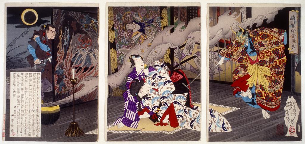 An image of Imitation Murasaki-Rustic Genji (Nise Murasaki inaka Genji). Yoshitoshi, Tsukioka (1839-1892). Colour print from woodblocks, with blind embossing (karazuri), textile printing (nunomezuri) and gloss black (tsuyazumi). Ôban format triptych. Block-cutter: Horikô Noguchi Enkatsu. Publisher: Akiyama Buemon (Akiyama). 1884.
