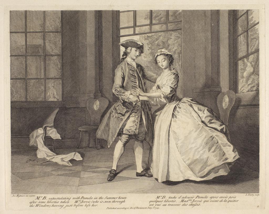 An image of Pamela and Mr.B in the summer house. Plate 2. Adventures of Pamela. Truchy, Laurent (French, 1721 (1731?)-1764). After Highmore, Joseph (British, 1692-1780). Richardson, Samuel, author. Etching, engraving, 1745.