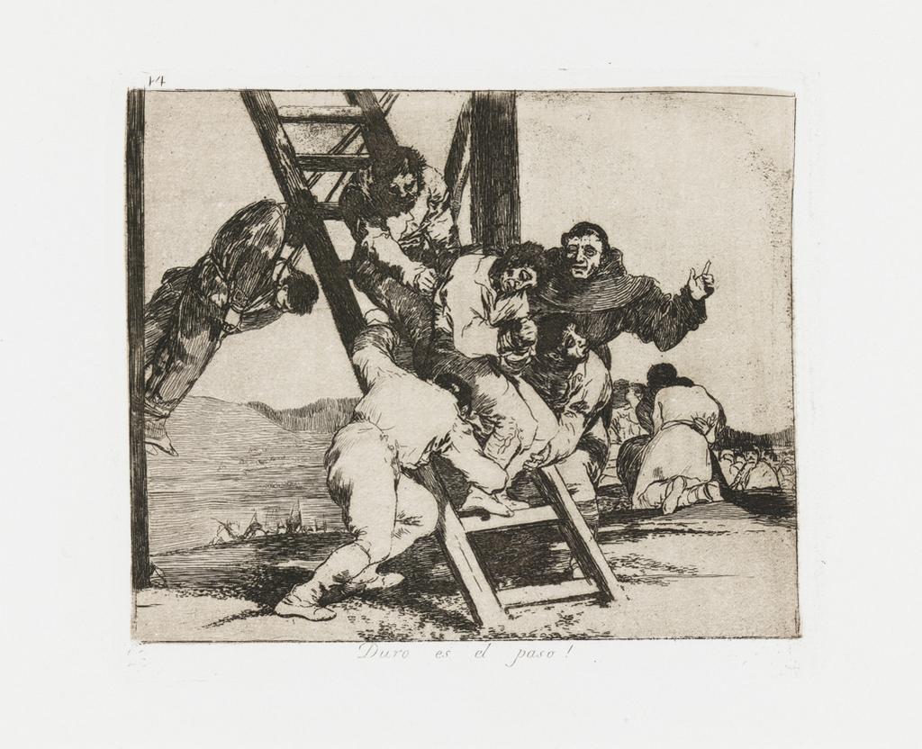 An image of Its a hard step. Los Desastres de la Guerra (The Disasters of War). Goya y Lucientes, Francisco José de (Spanish, 1746-1828). 80 etched plates in a bound copy of the second edition, Madrid 1892.