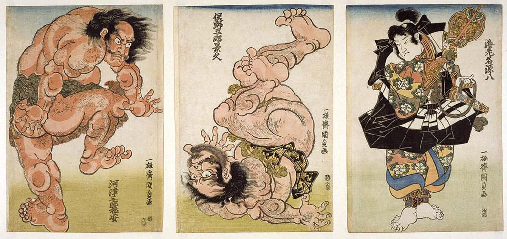 An image of The wrestling match between Matano Gorô Kagehisa and Kawazu no Saburô Sukeyasu. Kunisada, Utagawa (Japanese, 1786-1865). Colour print from woodblocks. Ôban triptych, each sheet 378 x 259. Signed: Ichiyûsai Kunisada ga. Publisher: Kawaguchiya Uhei. Censor’s seal: kiwame. c.1811-1813. Ukiyo-e. Notes: One of two early triptychs by Kunisada showing the final sumo bout in a legendary sequence enacted in 1176 before the general Minamoto no Yoritomo after a hunting expedition on Mount Akazawa. These were Kunisada’s first sumo prints, a field hitherto dominated by Katsukawa school artists, and he relied heavily on prints by Shun’ei for the poses of the wrestlers. Both prints depict the moment when the reluctant Kawazu defeated the hitherto unbeaten Matano by throwing him to the ground after employing a new hold (it is still used and is known as the Kawazu). The umpire Ebina Gempachi is shown signalling the victory with his fan (uchiwa). Kawazu was murdered the next day and the tale of how his two sons, Soga Jûrô and Gorô, avenged his death became popular in kabuki and ukiyo-e. The wrestling match was sometimes enacted as a preface to the plays.