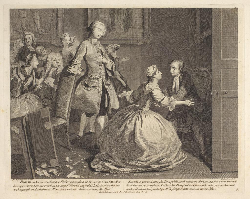 An image of Pamela greets her father. Plate 8. Adventures of Pamela. Truchy, Laurent (French, 1721 (1731?)-1764). After Highmore, Joseph (British, 1692-1780). Richardson, Samuel, author. Etching, engraving, 1745.