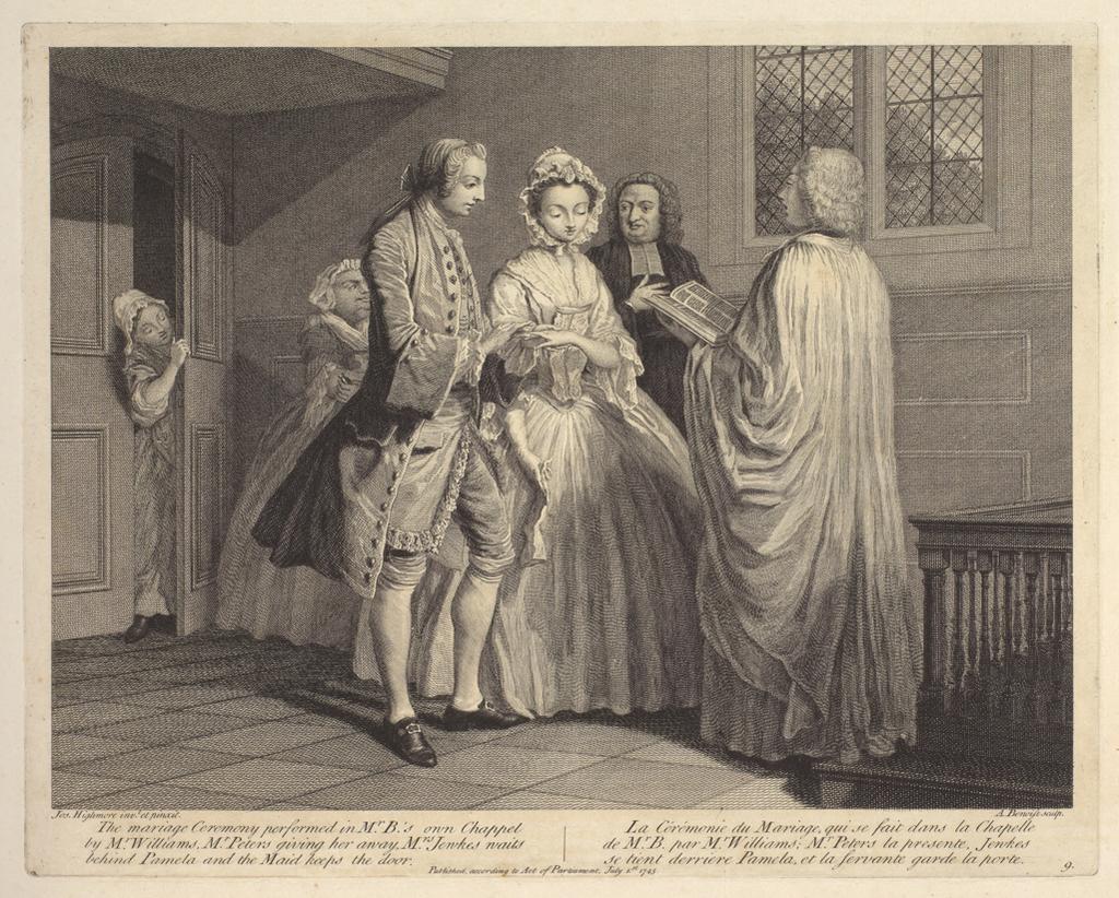 An image of Pamela is married. Plate 9. Adventures of Pamela. Benoist, Antoine (French, in Britain, 1721-1770). After Highmore, Joseph (British, 1692-1780). Richardson, Samuel, author. Etching, engraving, 1745.