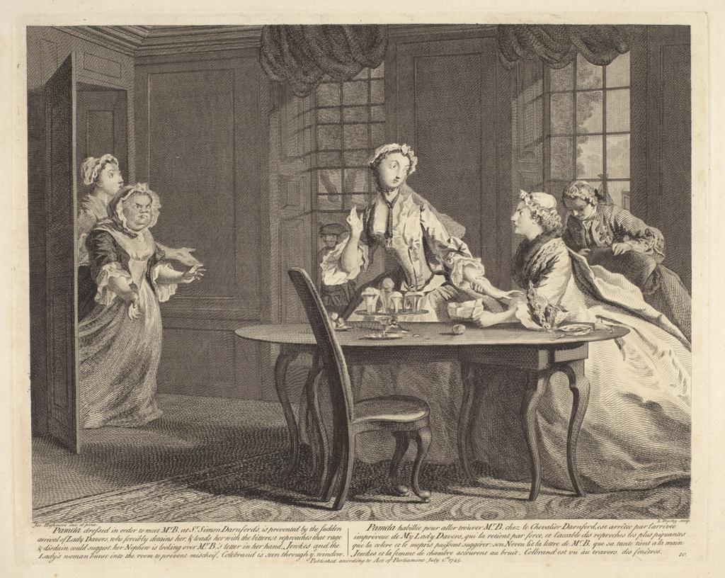 An image of Pamela and Lady Davers. Plate 10. Adventures of Pamela. Truchy, Laurent (French, 1721 (1731?)-1764). After Highmore, Joseph (British, 1692-1780). Richardson, Samuel, author. Etching, engraving, 1745.