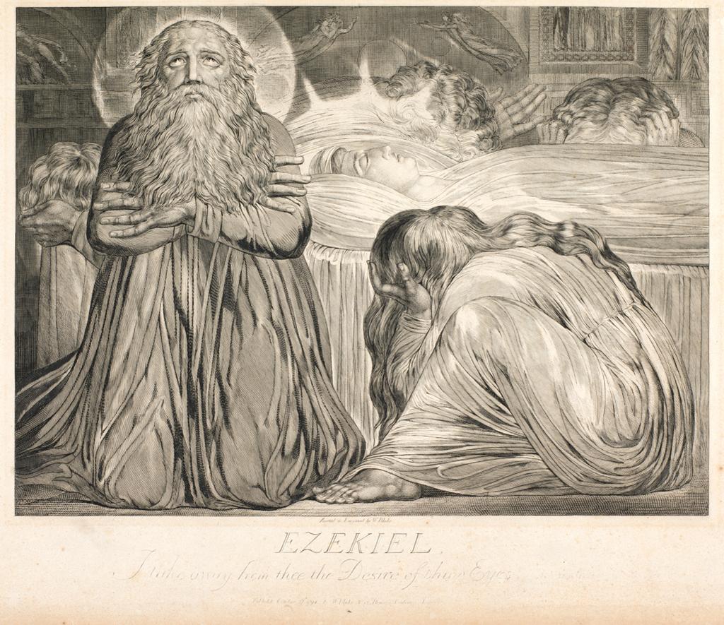 An image of Ezekiel. Blake, William (British, 1757-1827). Second state. Line engraving, black carbon ink on wove paper, plate height 460 mm, plate width 540 mm, sheet height 496 mm, sheet width 674 mm, circa 1804.