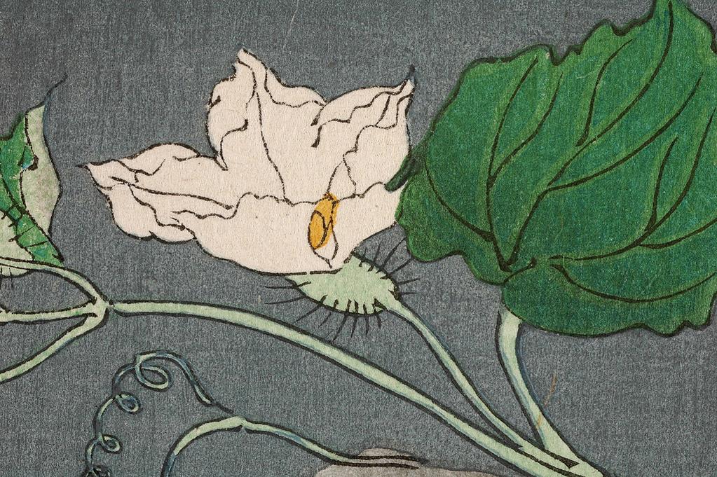 An image of Genji yûgao no maki (The Yûgao Chapter from The Tale of Genji). From the series One Hundred Aspects of the Moon (Tsuki hyakkei). Yoshitoshi, Tsukioka (1839-1892). Colour print from woodblocks, oban format, with blind embossing (karazuri) and textile printing (nunomezuri), 1886. First edition. Publisher: Akiyama Buemon, block-cutter: Yamamoto (Yamamoto Shinji).