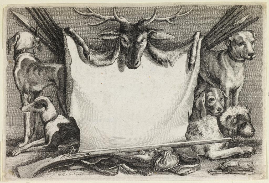 An image of Titlepage with hounds and hunting equipment. Hounds, hunting equipment and game. Hollar, Wenceslaus (Czech, 1607-1677). Etching, 1646. Bohemian. Production Note: First state, before the dedication on the deer skin. Alternative Number(s): Lugt; 1419. Lugt; 1134. Lugt; 2816a. New Hollstein (German); 887 I/VI. Pennington; 2041.