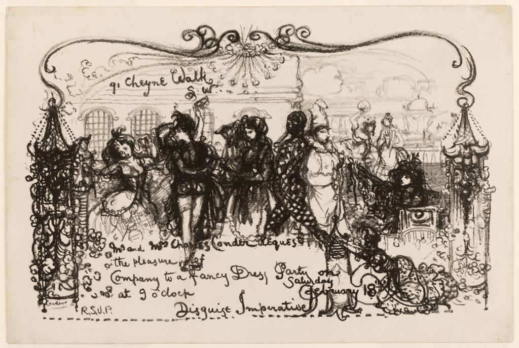 An image of Invitation-card to a fancy-dress party at the artist's house. Conder, Charles (British, 1868-1909). Lithograph, 1905. Batchelor Collection.