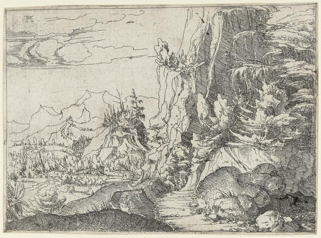 An image of Landscape with a shaded cliff. Altdorfer, Albrecht (German, c.1480-1538). Etching, black carbon ink on laid paper, chainlines vertical (34 mm, Italian?), evidence of second set of chainlines (Genoese?). Height 115 mm, width 160 mm, circa 1517-1520. Production Notes: Printed on mould side of paper?. Date according to Winzinger.