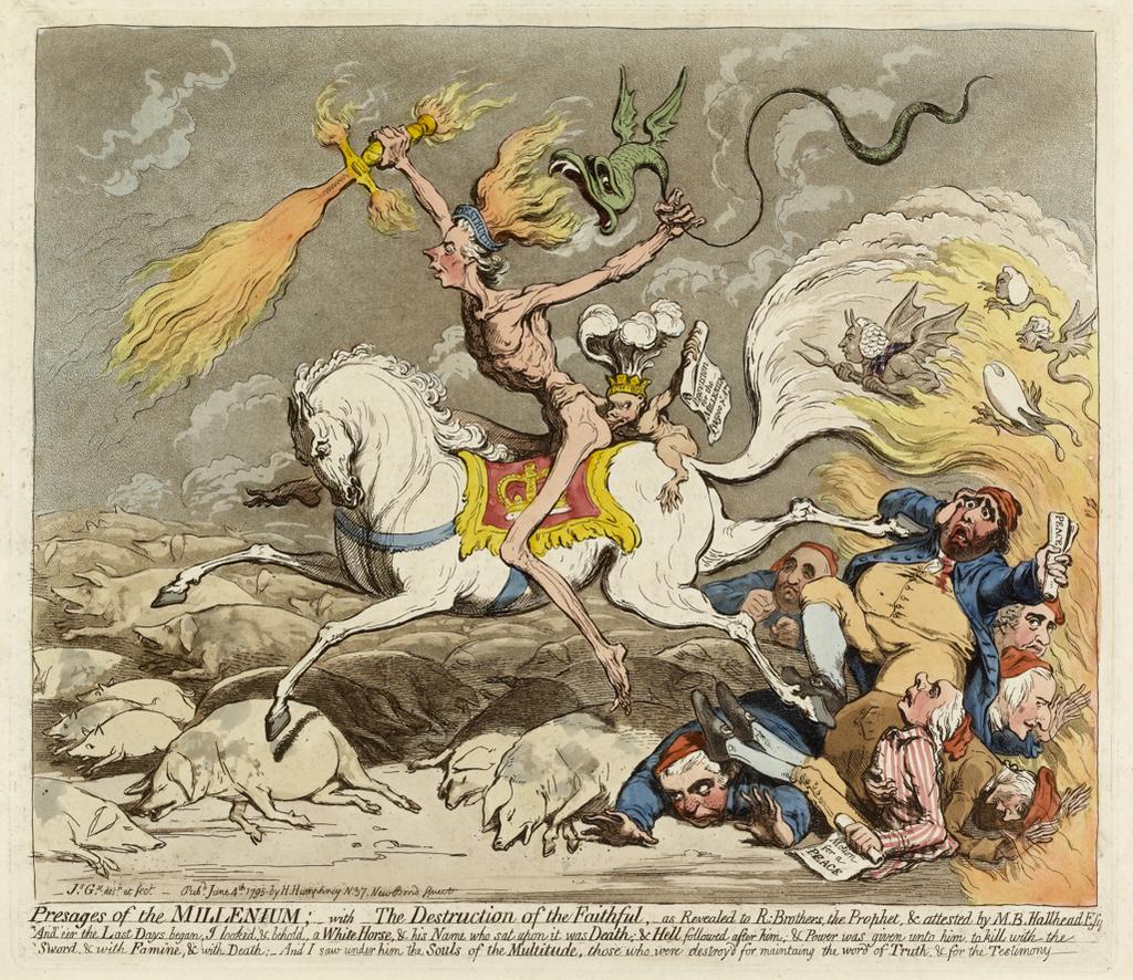 An image of Presages of the Millenium. Gillray, James (British, 1757-1815). Humphrey, Hannah, publisher (British, c.1745-1818). Etching, aquatint, with hand colouring, Published June 4th 1795.
