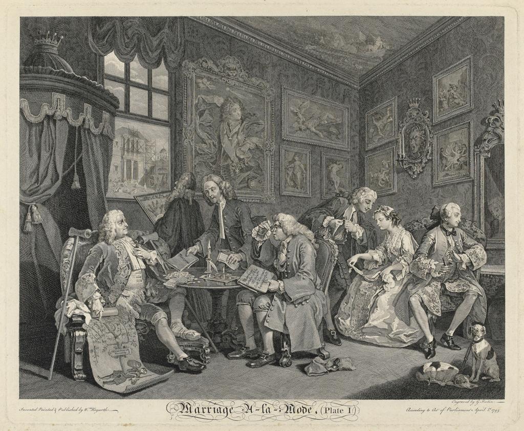 An image of Marriage a la Mode, Plate I The Contract. Marriage a la Mode. Hogarth, William (British, 1697-1764). Scotin, Gérard Jean Baptiste II, after (French, 1698- after 1755). Etching, engraving, 1745. Production Note: State IV/VI.