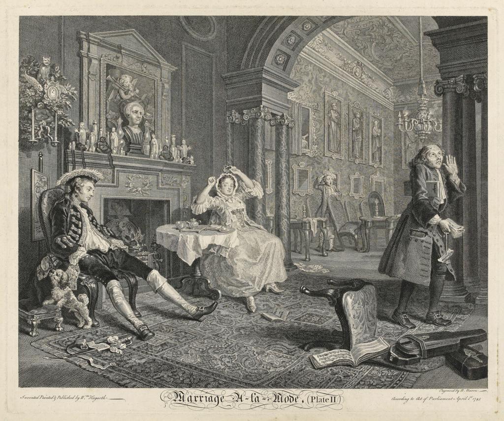 An image of Marriage a la Mode, Plate II. The Breakfast Scene Marriage a la Mode. Baron, Bernard, printmaker (French, 1696-1762). After Hogarth, William (British, 1697-1764). Etching, engraving, 1745. Production Note: State II/V.