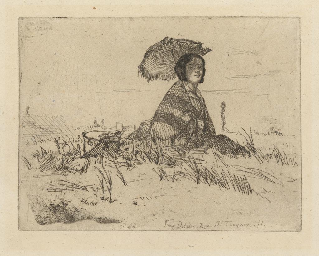 An image of En Plein Soleil. Twelve Etchings from Nature. Whistler, James Abbott McNeill (American, 1834-1903). Delâtre, printer. Etching; plate tone, black carbon ink on machine made wove paper, height, plate, 100 mm, width, plate, 132 mm; height, sheet, 255 mm, width, sheet, 334 mm, Production Note: From the series "Twelve Etchings from Nature" (The French Set). Published as "En plein Soleil". Second state. Published in 1858.
