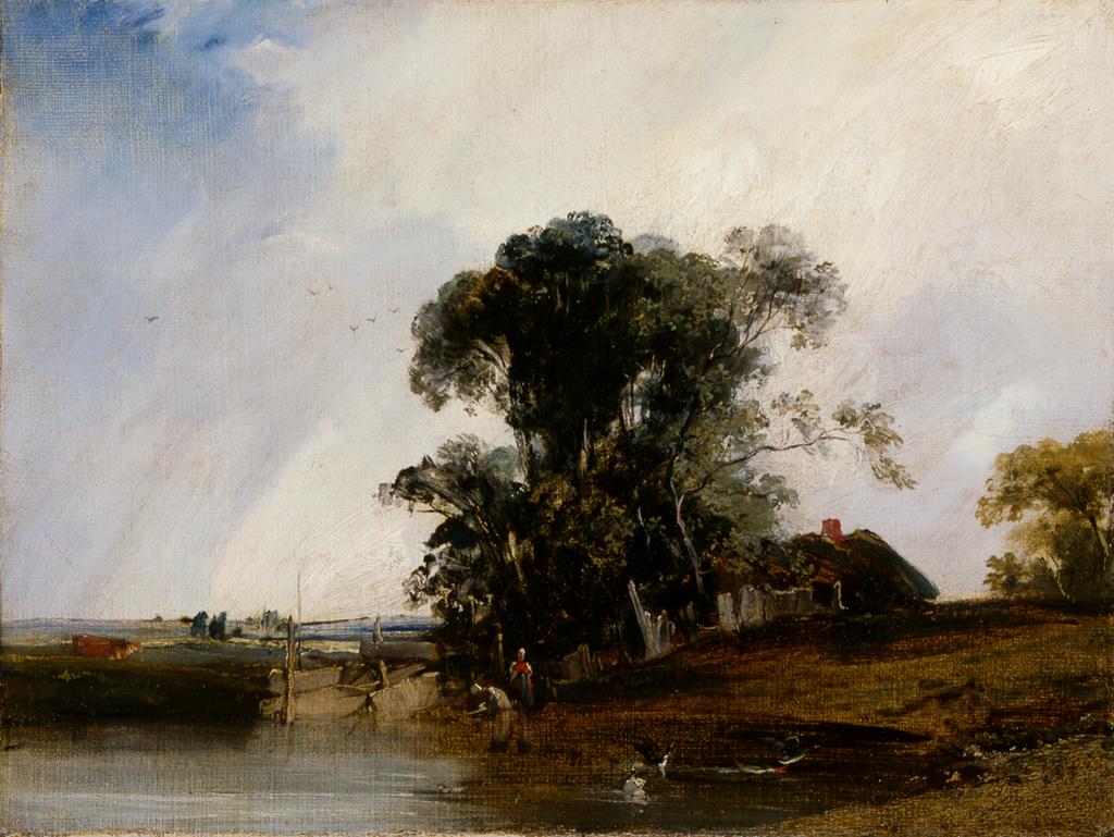 An image of Landscape with a pond. Bonington, Richard Parkes (British, 1801-1828). Oil on canvas, height 26.0 cm, width 34.9 cm, circa 1825.