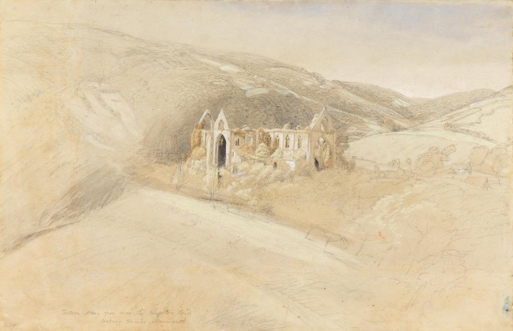 An image of Tintern Abbey near the Chepstow Road, looking towards Monmouth. Palmer, Samuel (British, 1805-1881). Graphite and watercolour, heightened with bodycolour, height 301 mm, width 458 mm, 1835.