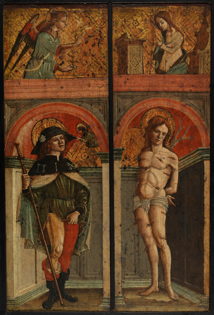 An image of St Roch and St Sebastian; above, The Annunciation. Civerchio, Vincenzo, attributed to (Italian, 1468/70-1544). Egg tempera with gold and oil glazes on panel, height, left-hand panel, 36.2 cm, width, left-hand panel, 12.3 cm; height, right-hand panel, 36.2 cm, width, right-hand panel, 11.1 cm, width, right-hand panel, 11.6 cm. Two panels framed together. Brescian School.