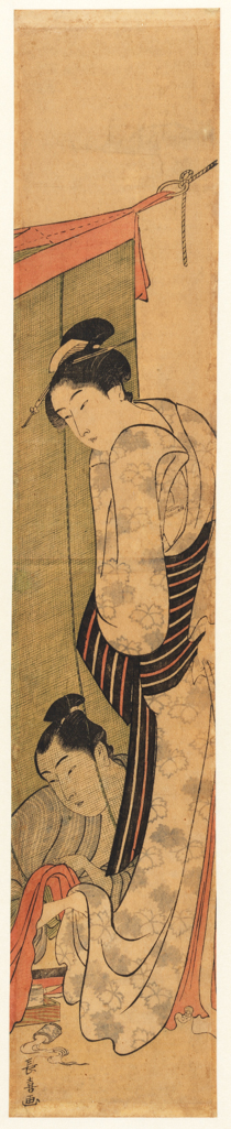 An image of Man lifting the dress of a woman. Eishosai Choki (active c.1770-1810). Colour print from woodblocks. Hashira-e format. Circa 1794. The provocative glimpse of the woman's body is typical of prints known as abuna-e (risqué picture). The expression was used as early as 1687 in a 'floating world' story book (ukiyo-zôshi) entitled Amorous educational pictures (Kôshoku kimmô zui); it defined the quality of tantalising pictures that show only a glimpse rather than revealing all.