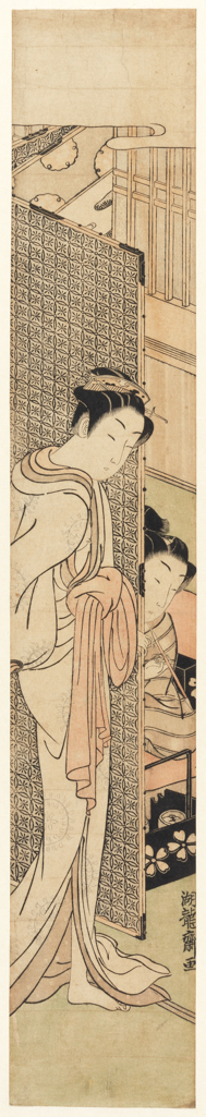 An image of Courtesan returning to her lover. Isoda Koryûsai (active 1766-1788). Colour print from woodblocks, height 686mm, width 117mm. Hashira-e format. Circa 1771. The provocative glimpse of the woman's body is typical of prints known as abuna-e (risqué picture). The expression was used as early as 1687 in a 'floating world' story book (ukiyo-zôshi) entitled Amorous educational pictures (Kôshoku kimmô zui); it defined the quality of tantalising pictures that show only a glimpse rather than revealing all.