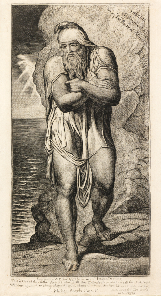 An image of Joseph of Arimathea among the Rocks of Albion. Blake, William (1757-1827). Beatrizet, Nicolas after (engraver, circa 1515-post 1565/ante 1615). Michelangelo Buonarroti, after (1475-1564). Engraving, black carbon ink on paper, height 255mm, width 139mm; sheet height 256mm, sheet width 160mm, circa 1810.