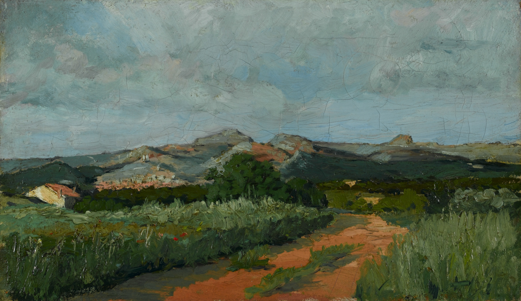 An image of Paysage provençale, 1869. Provencal Landscape. Guigou, Paul Camille, attributed (French, 1834-1871). Oil on canvas, height 23.7 cm, width 40.6 cm, 1869.