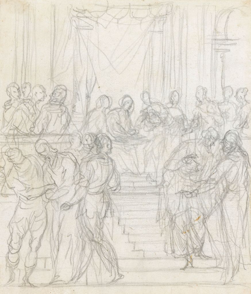 An image of Christ before Pilate. Maganza, Alessandro (Italian, 1556-p.1630). Black chalk (graphite?) on paper, height 216 mm, width 184 mm. Production Notes: study for altarpiece in Vienza?
