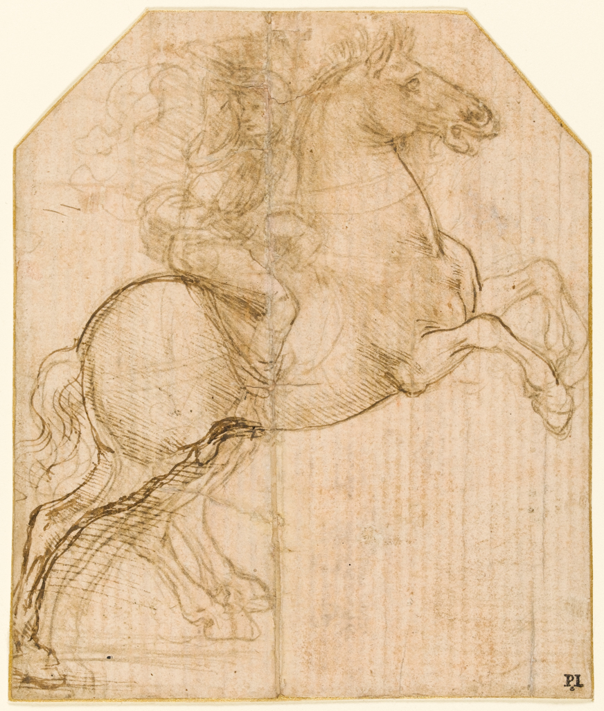 An image of A rider on a rearing horse. Leonardo da Vinci (Italian, 1452-1519). Metalpoint reinforced with pen and brown ink on a pinkish prepared surface, height 141 mm, width 119 mm. Not before 1481. Acquired from the Trustees of Colonel Norman R. Colville, deceased, by Private Treaty Sale from the Gow, Cunliffe, Leverton Harris, Perrins and Reitlinger funds, with a contribution from The Art Fund, The National Lottery through the Heritage Lottery Fund and a grant from the Pilgrim Trust, with contributions from Mrs Monica Beck, David Scrase and an anonymous donor, 1999.