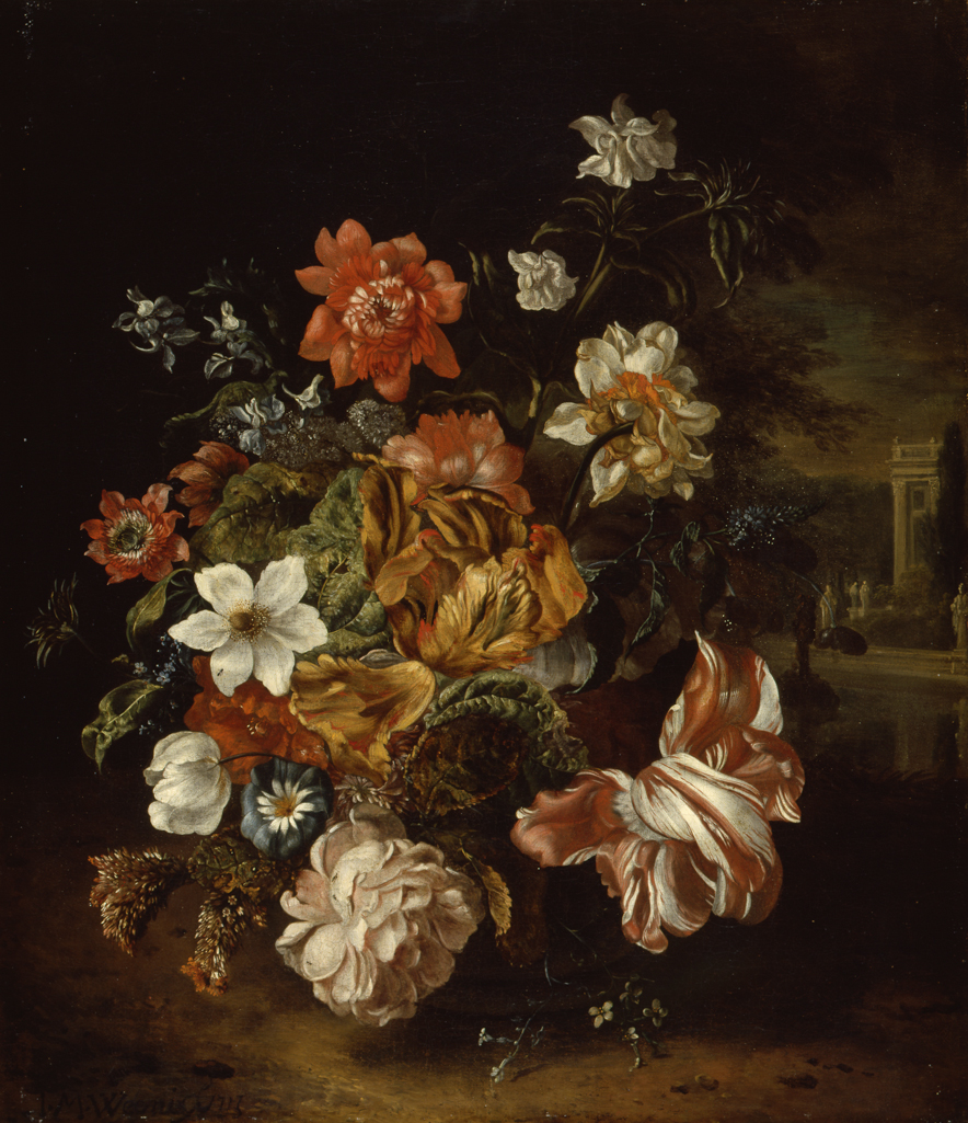 An image of A group of flowers. Weenix, Maria (Amsterdam after 1679). Oil on canvas, height 58.3 cm, width 48.2 cm. Production Note: pendant to PD.55-1975.